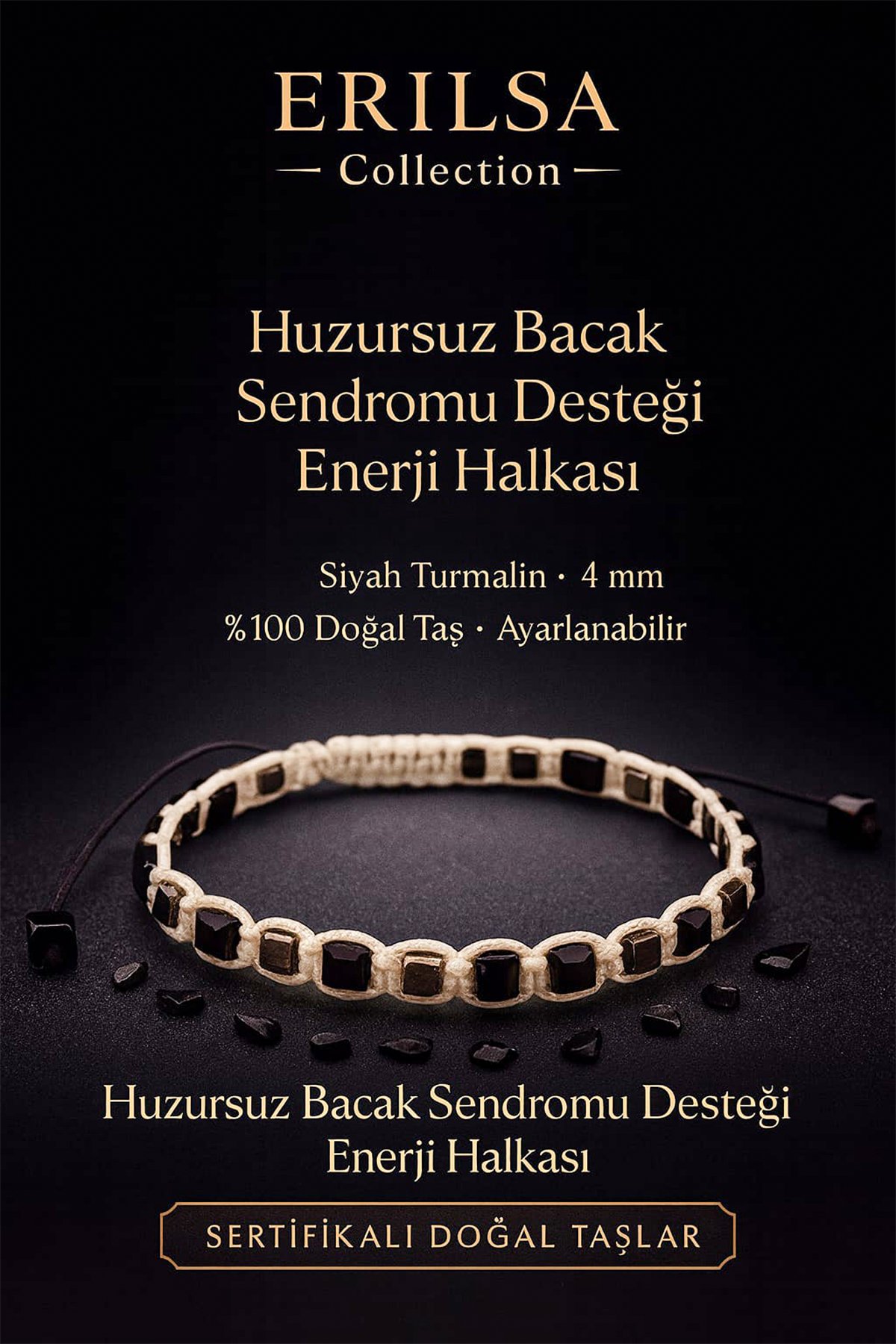 Sertifikalı Huzursuz Bacak Sendromu Destek Enerji Halkası – Siyah Turmalin Doğal Taş 4 mm