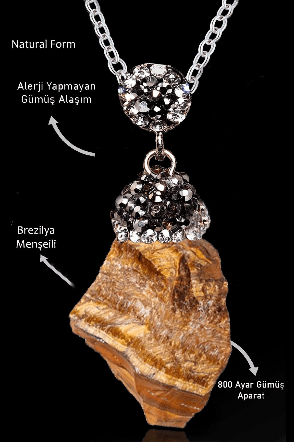Sertifikalı Zirkon Taşlı Model Ham İşlenmemiş Kaplan Gözü Taşı Kolye