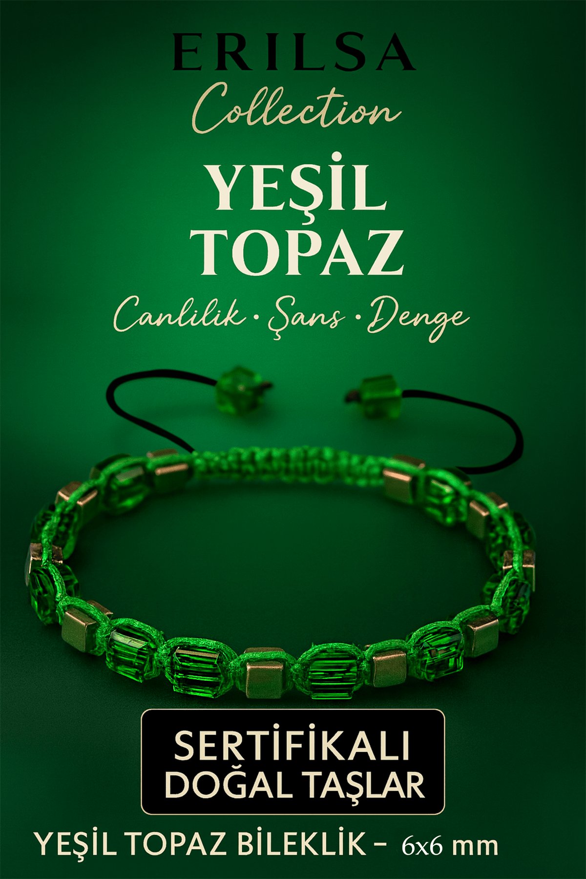 Sertifikalı Doğal Terahertz - Yeşil Topaz Taşı Bileklik - Canlılık ve Denge Taşı