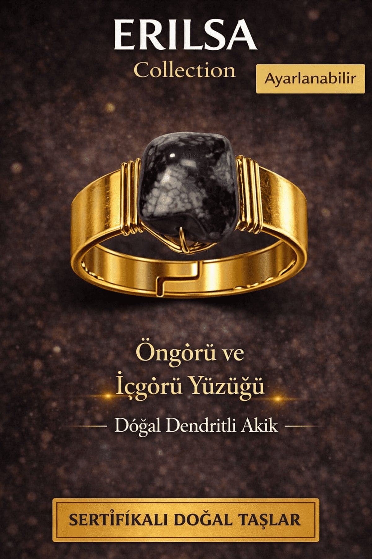 Sertifikalı Öngörü ve İçgörü Yüzüğü Dendritli Akik Doğal Taş Yüzük Ayarlanabilir El Yapımı