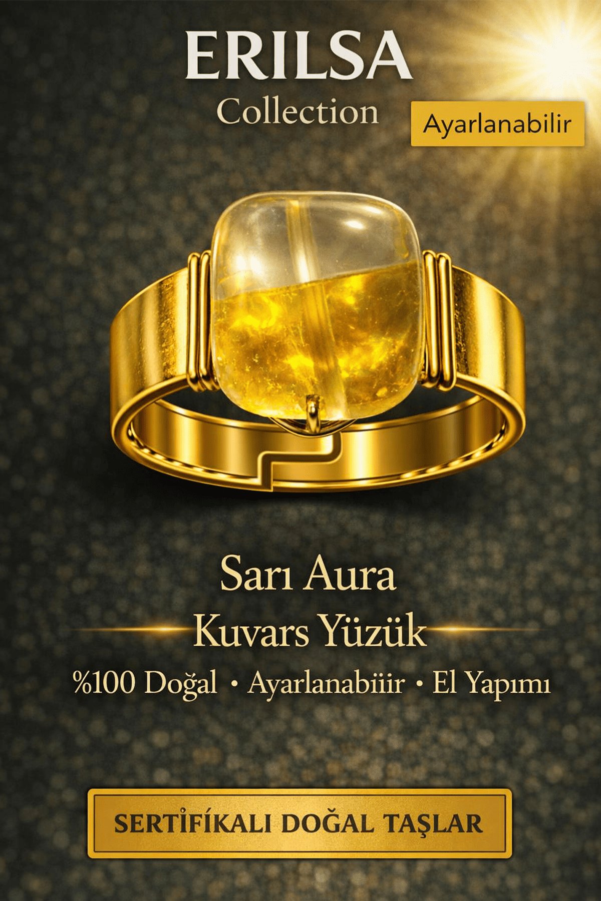 Sertifikalı Sarı Aura Kuvars Yüzük Doğal Taş Yüzük Ayarlanabilir El Yapımı Enerji Taşı