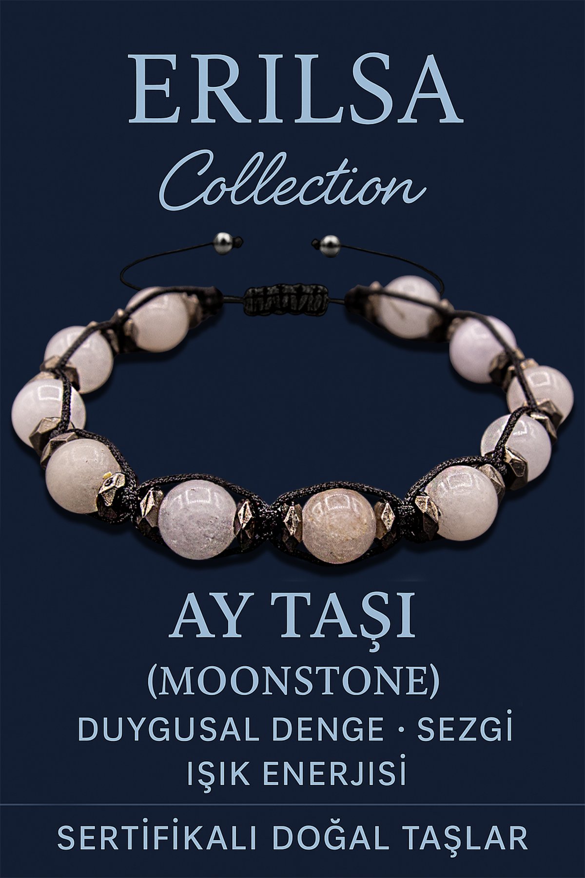 Sertifikalı 8 mm Terahertz &amp; Ay Taşı Bileklik – Duygusal Şifa, Sezgi ve Enerji Koruması