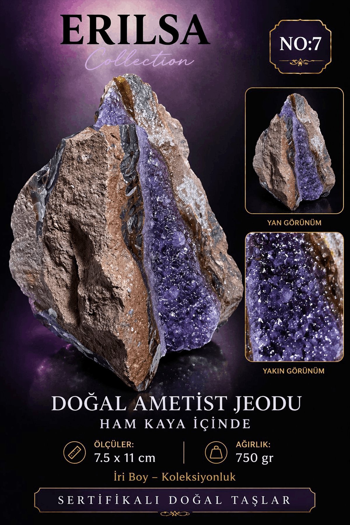 Sertifikalı Doğal Ametist Jeodu Taşı Kütle Büyük Boy Kristal Ham Kaya Koleksiyonluk Dekoratif Parça