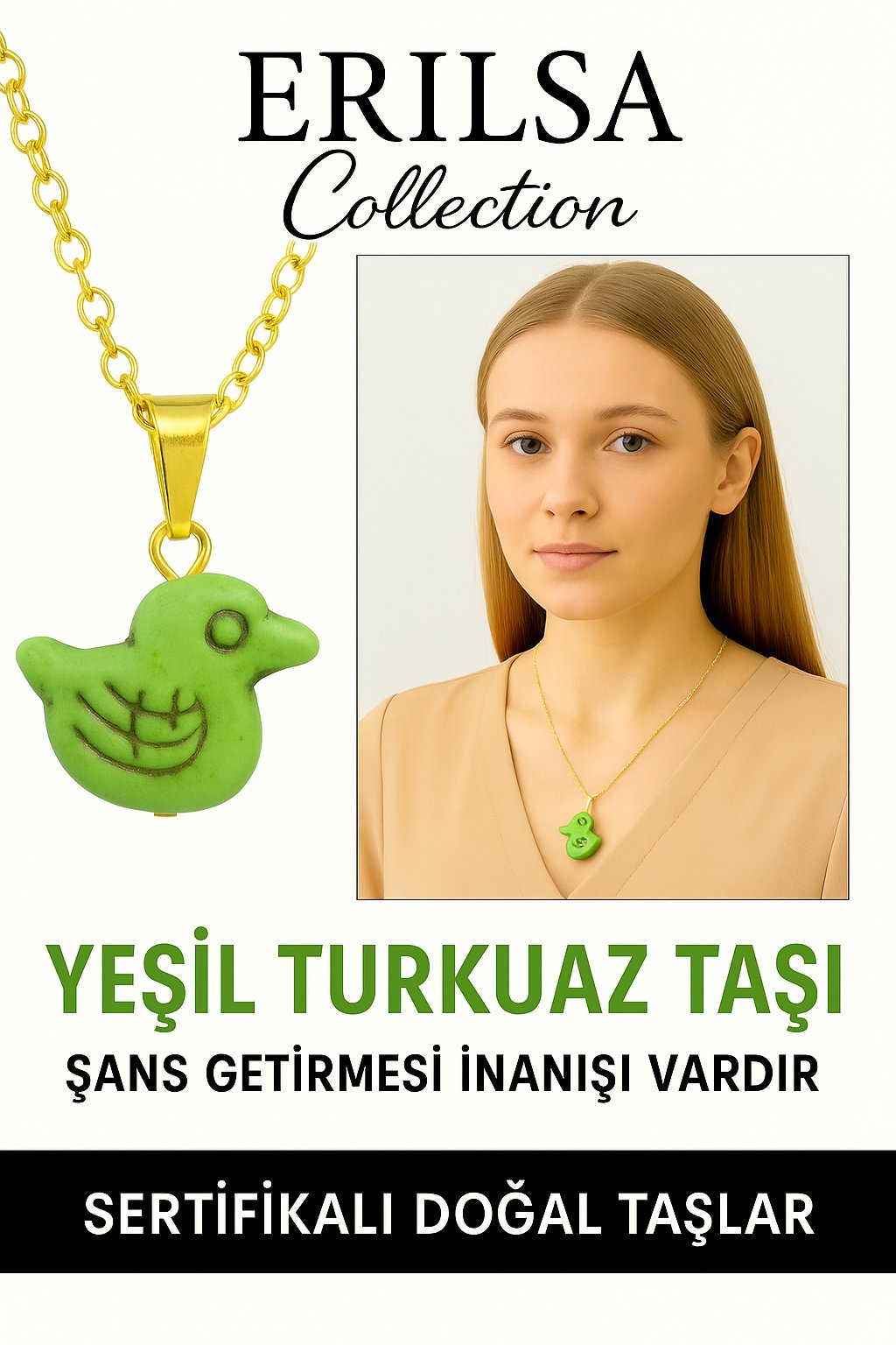 Sertifikalı Kuş Model Yeşil Turkuaz Taşı Kolye – Şifa, Koruma ve Ruhsal Uyum Taşı