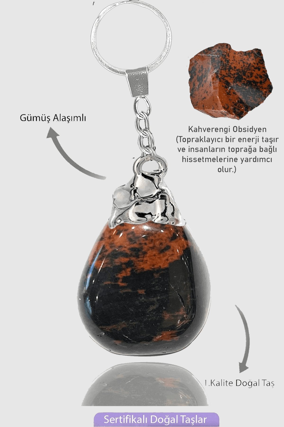 Sertifikalı Ham Model Kahverengi Obsidyen Taşı Doğal Taş Anahtarlık