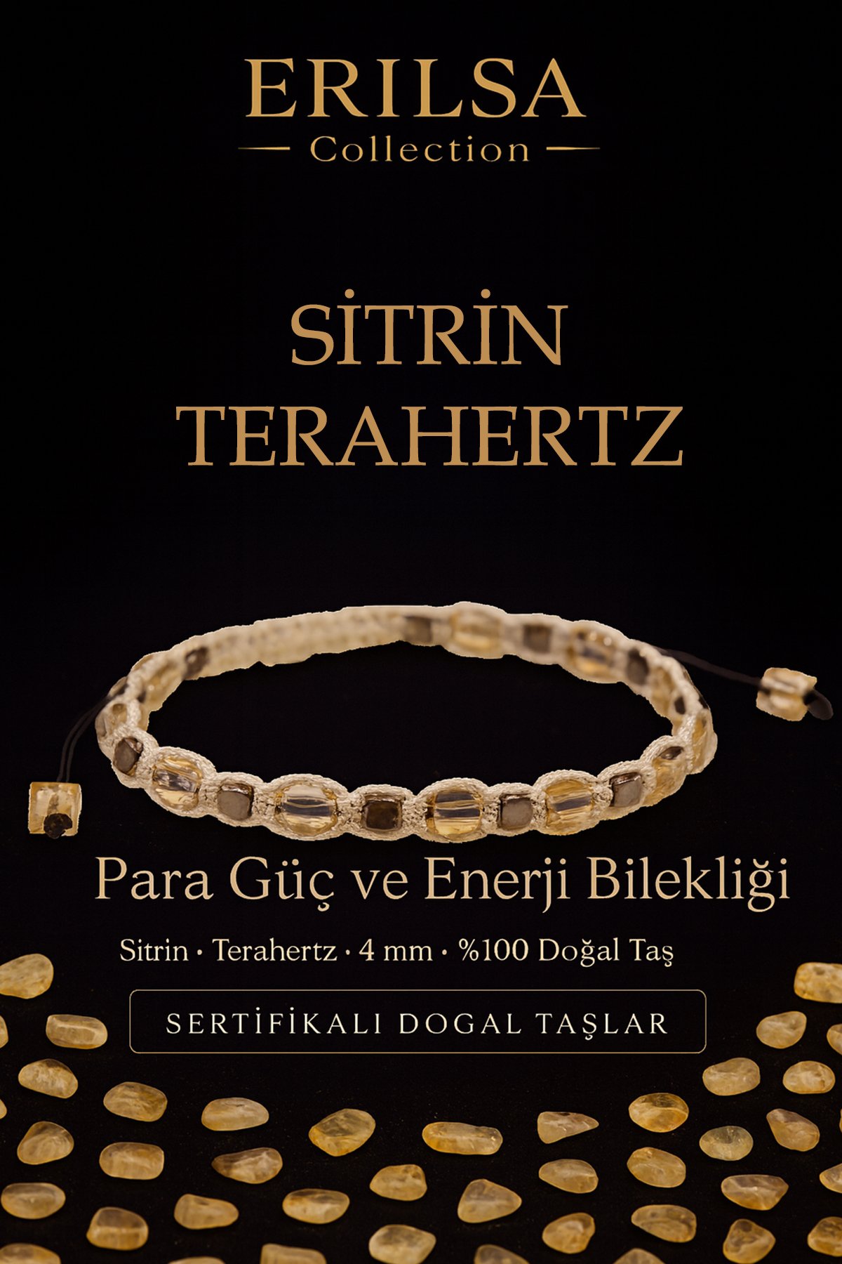 Sertifikalı Para Güç ve Enerji Bilekliği – Sitrin ve Terahertz Doğal Taş 4 mm Ayarlanabilir