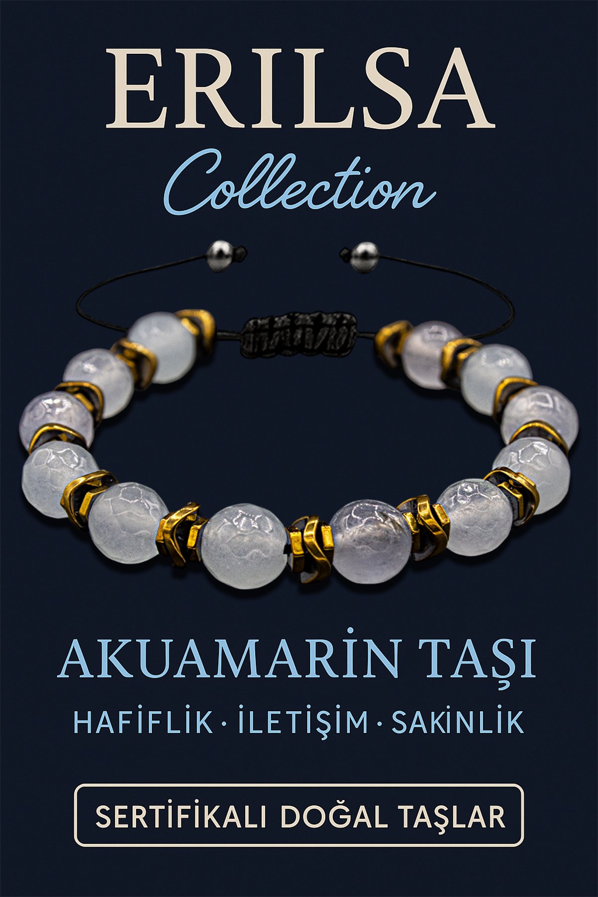 Sertifikalı Fasetli Hematit &amp; Akuamarin Taşı Bileklik – Sakinlik, Güç ve Zihinsel Netlik