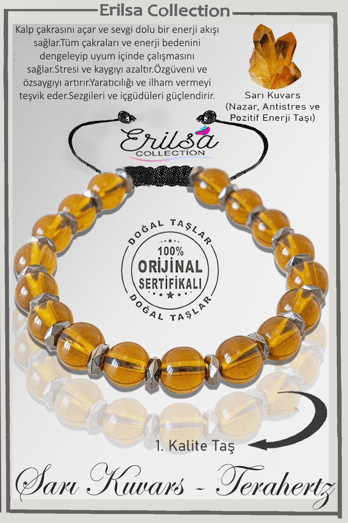 Sertifikalı Fasetli Hematit - Sarı Limon Kuvars Taşı Bileklik- Ayarlamalı