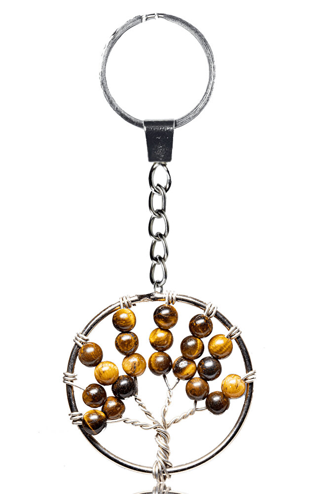 Sertifikalı Kaplan Gözü Taşı Hayat Ağacı Doğal Taş Anahtarlık - 1.kalite