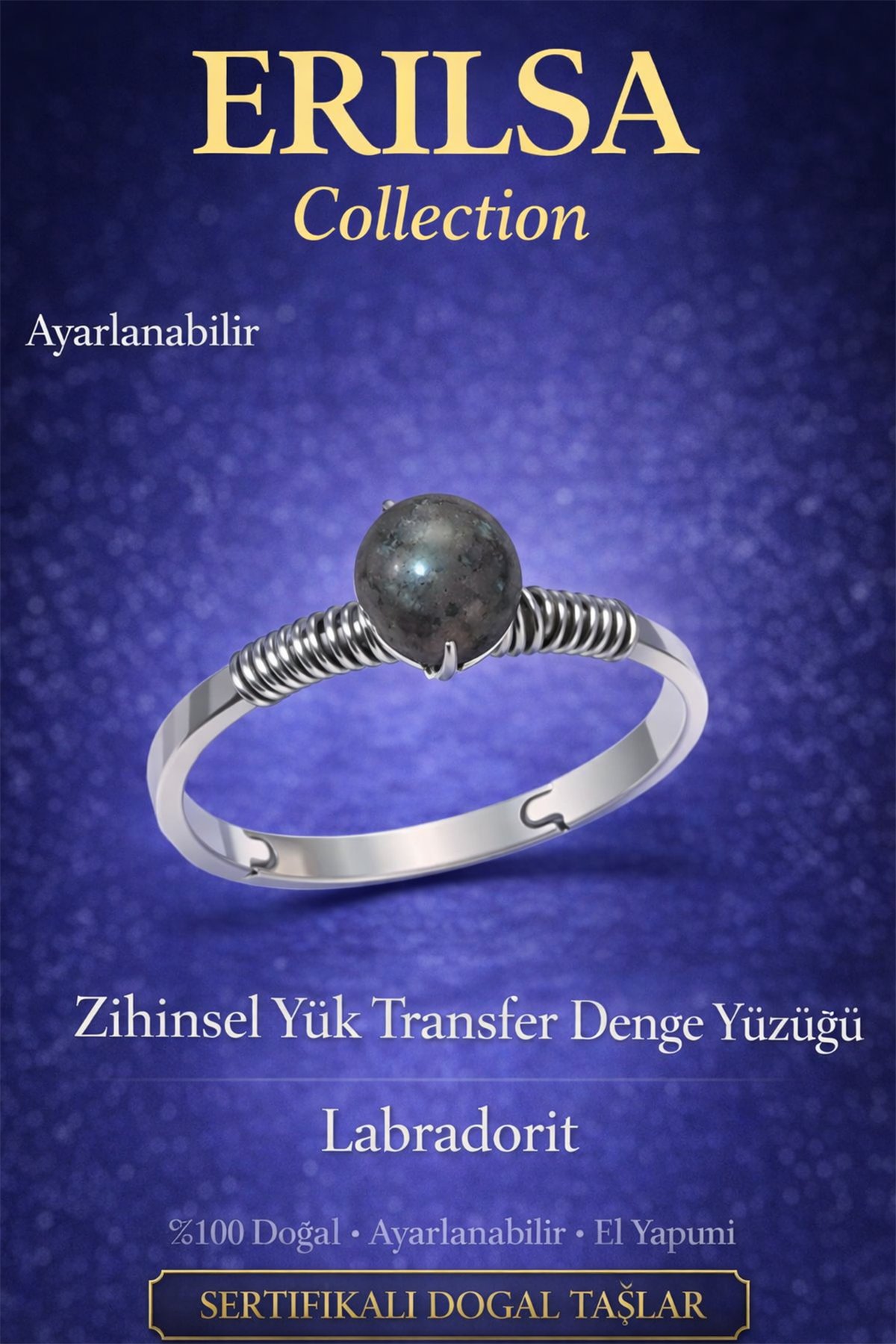 Sertifikalı Zihinsel Yük Transfer Denge Yüzüğü – Labradorit Ayarlamalı İnce Kasa Kova Akrep Yay Burç