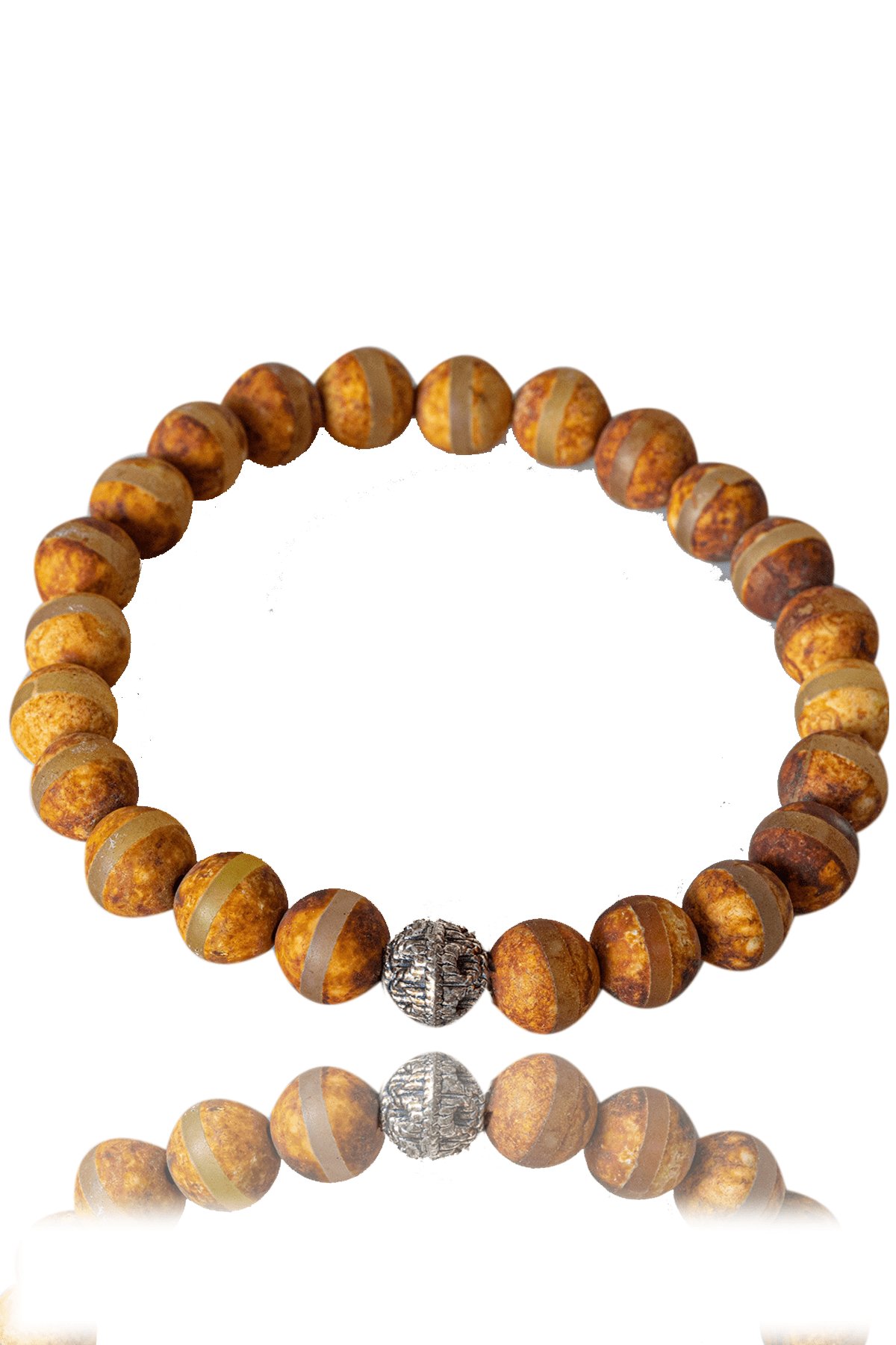 Sertifikalı Kahverengi Çizgili Tibet Akik Taşı Bileklik - Gümüş Aparatlı