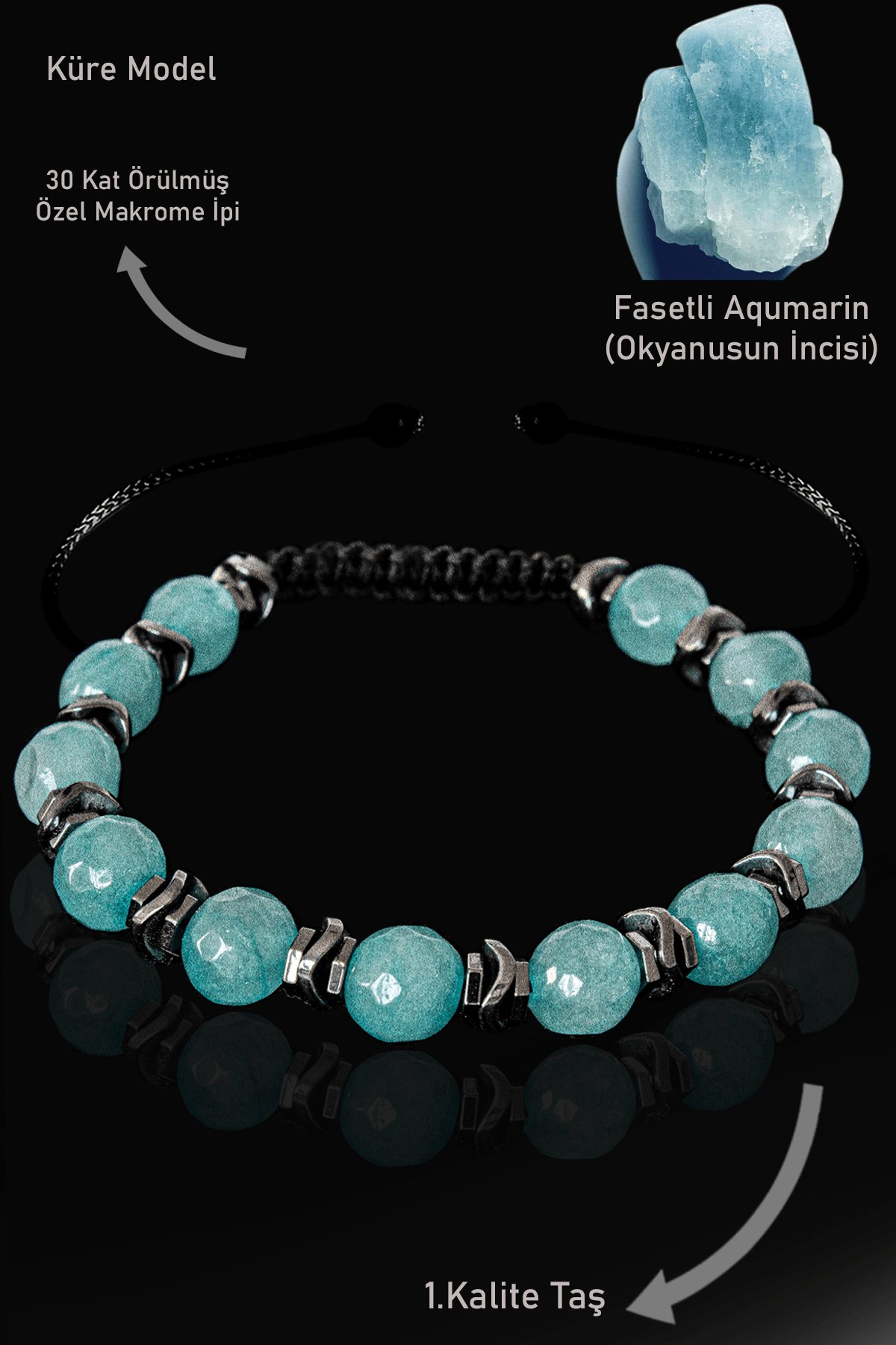 Sertifikalı Terahertz - Akuamarin Taşı Bileklik - Ayarlamalı