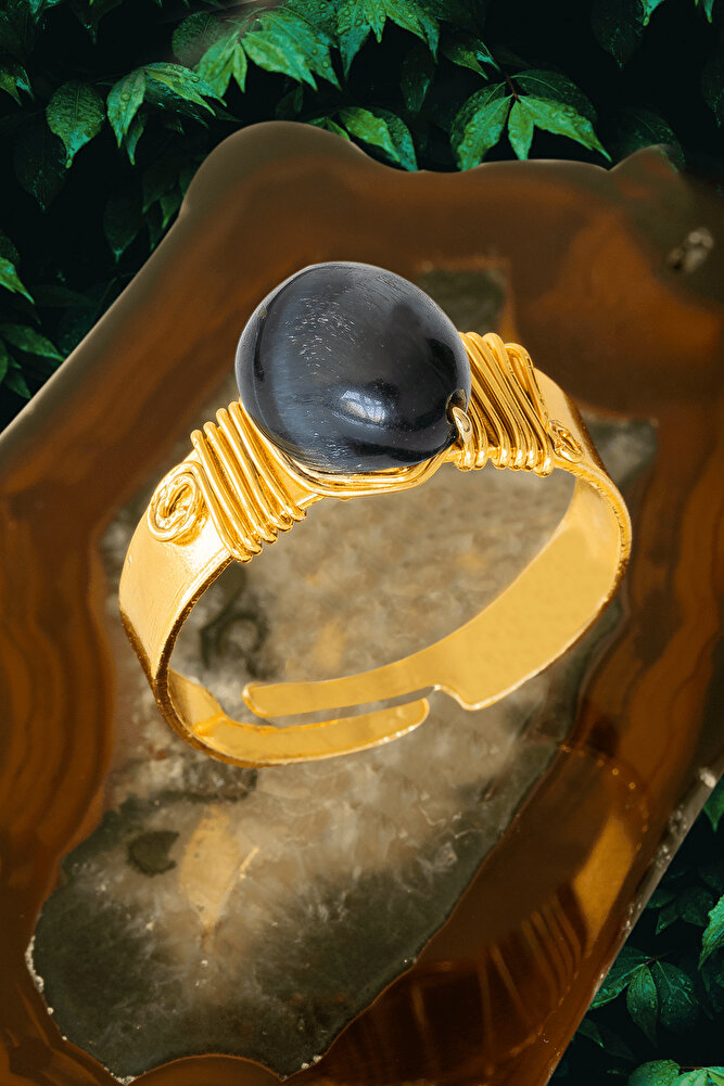 Sertifikalı Kalın Tımbıl Gold Model Mavi Kaplan Gözü Taşı Yüzük - Ayarlamalı