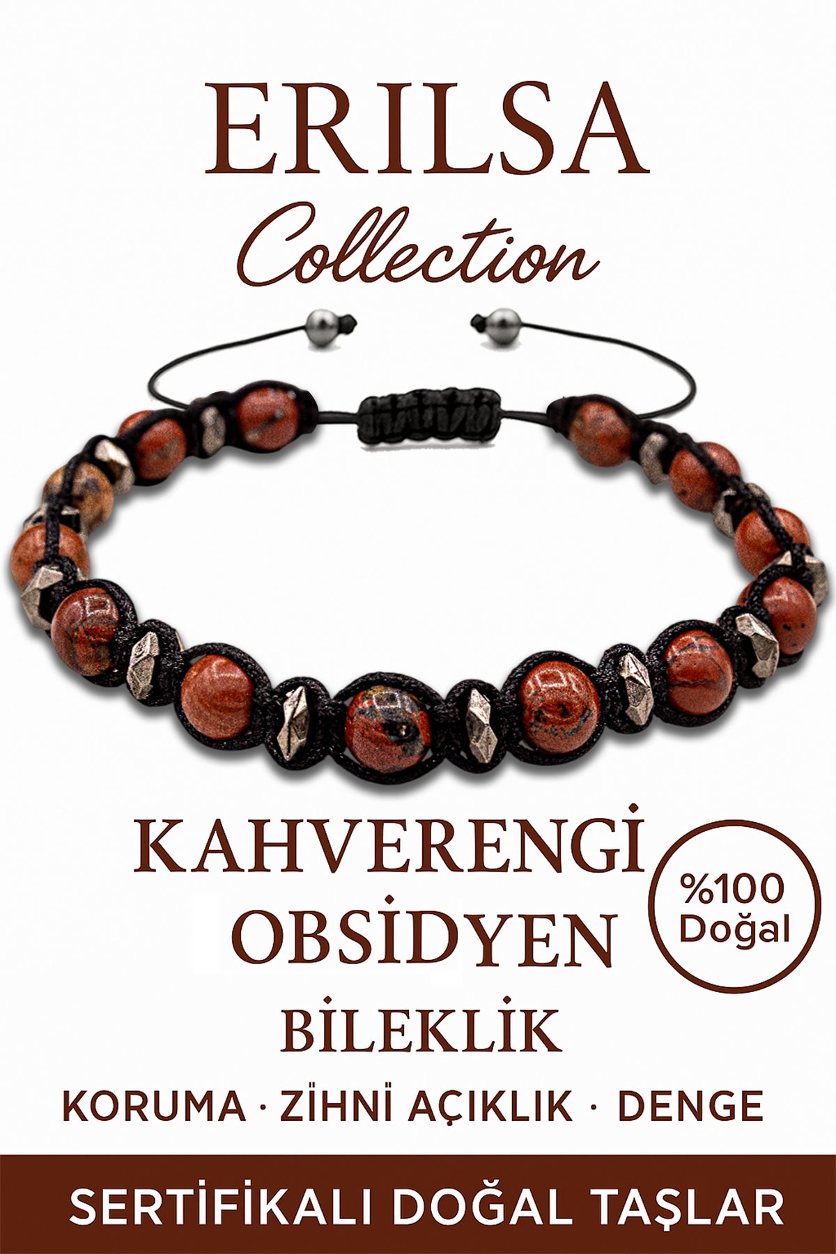 Sertifikalı Terahertz – Kahverengi Obsidyen Taşı Bileklik – Koruma ve Denge Enerjisi