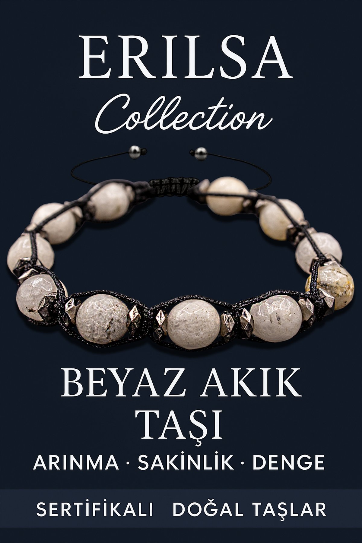 Sertifikalı İri Boy Fasetli Terahertz &amp; Beyaz Akik Taşı Bileklik – Saflık, Sakinlik ve Koruma