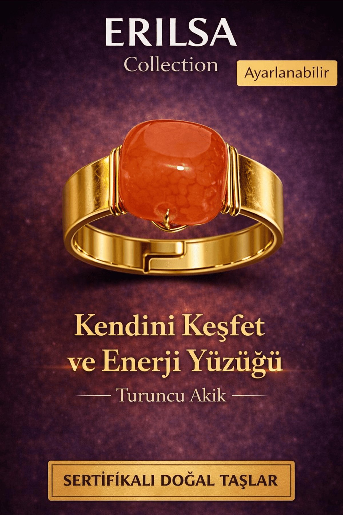 Sertifikalı Turuncu Akik Doğal Taş Yüzük – Kendini Keşfet Enerji Ayarlanabilir