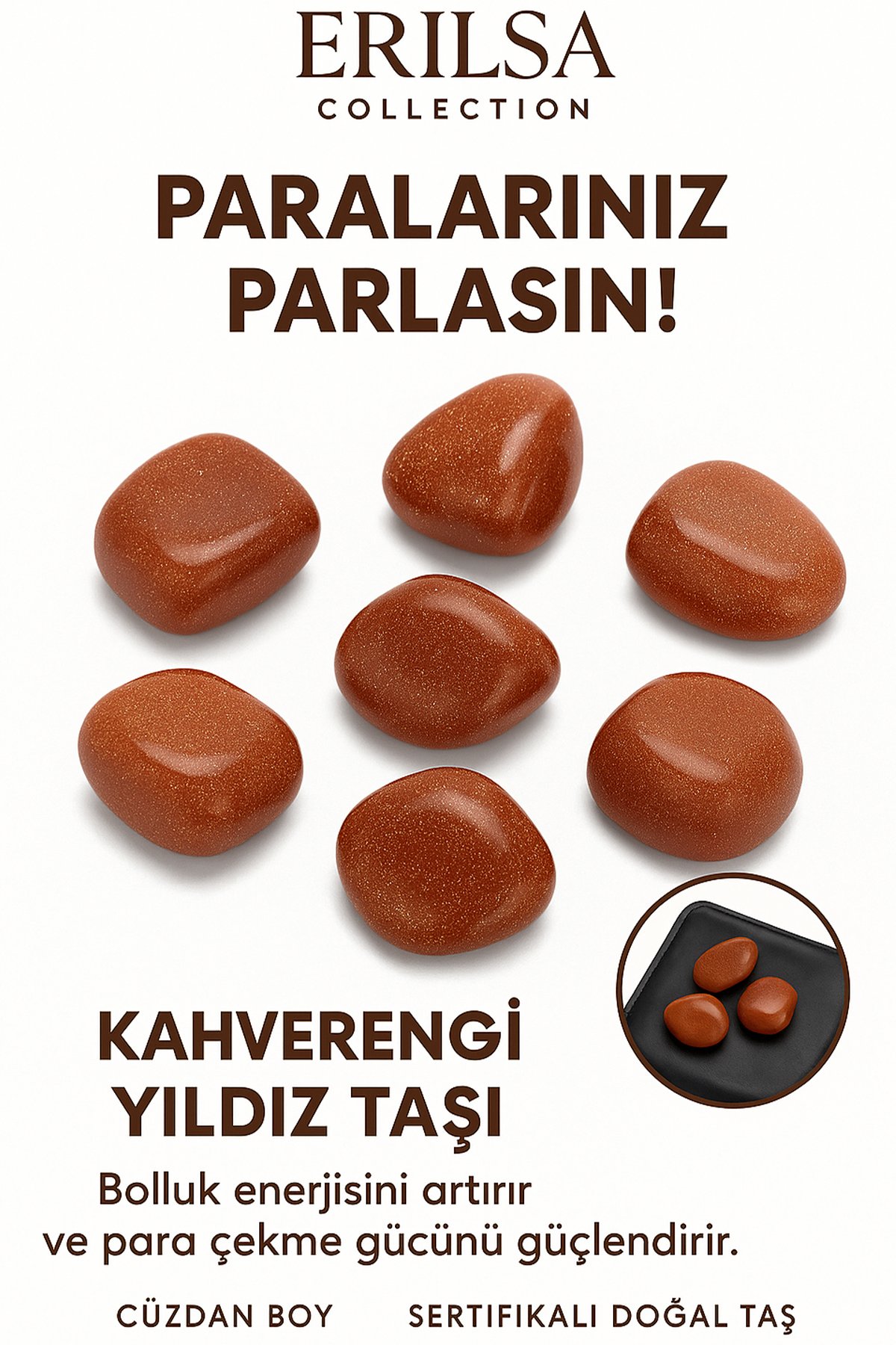 Sertifikalı Cüzdan Boy Kahverengi Yıldız Taşı Kütle - Huzur ve İçsel Güven Hissi Verir