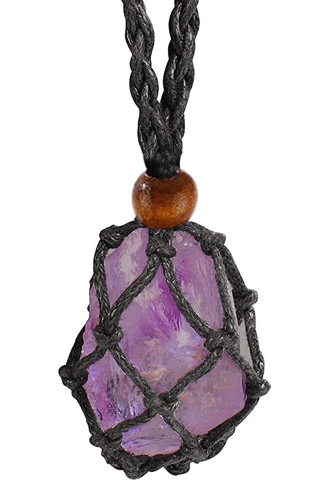 Sertifikalı Ayarlanabilir Ham Işlenmemiş Doğal Ametist Taşı Kolye