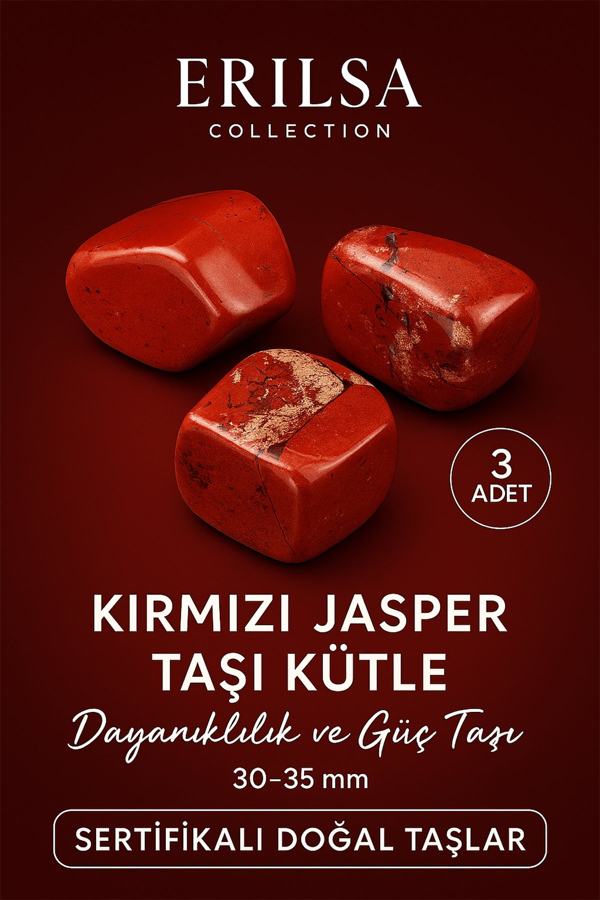 Sertifikalı Kırmızı Jasper Taşı Kütle (3 Adetli) – Dayanıklılık ve Güç Taşı 30-35 mm