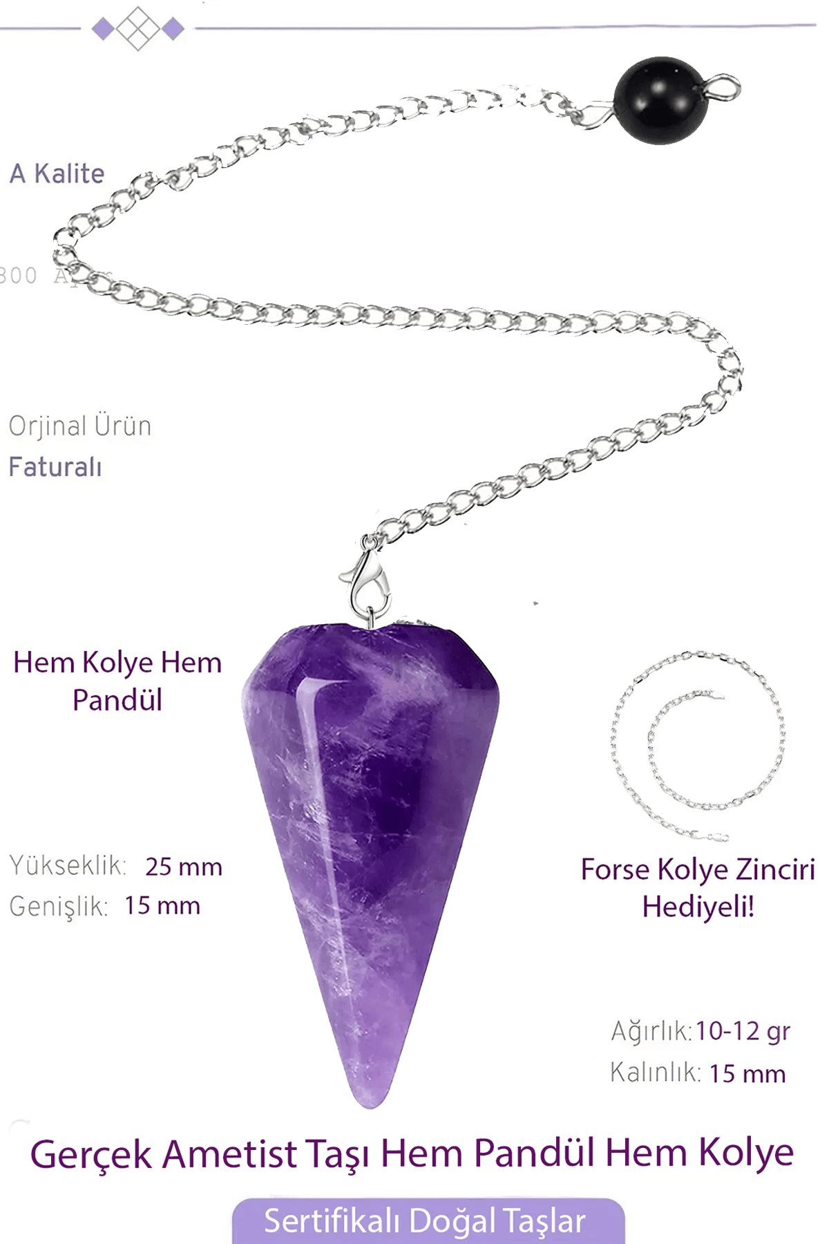 Sertifikalı Ametist Taşı Pandül Sarkaç Hem Pandül - Hem Kolye