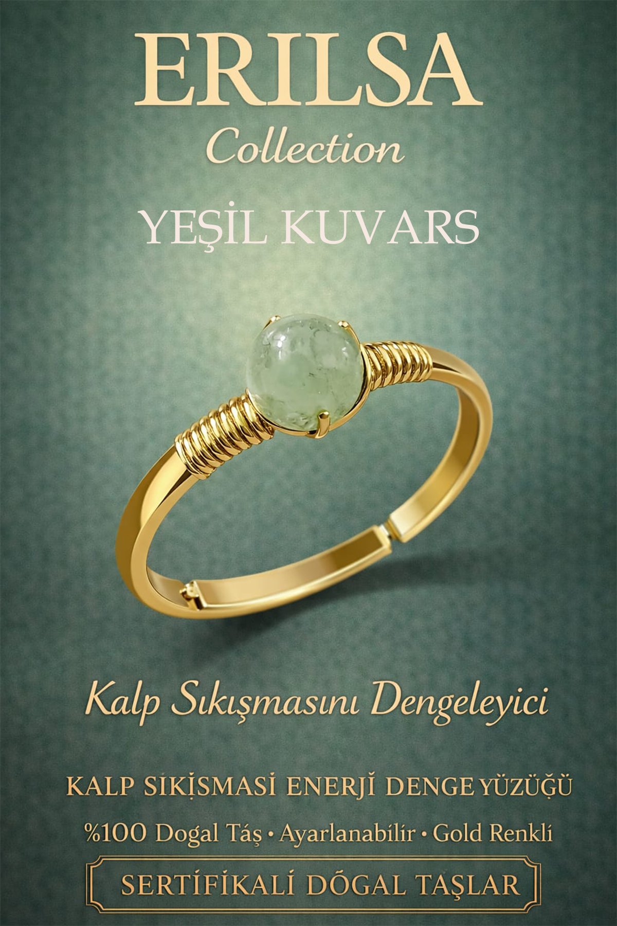 Sertifikalı Kalp Enerji Denge Yüzüğü – Yeşil Kuvars Taşı Ayarlamalı Gold Terazi Boğa Yengeç Burcu