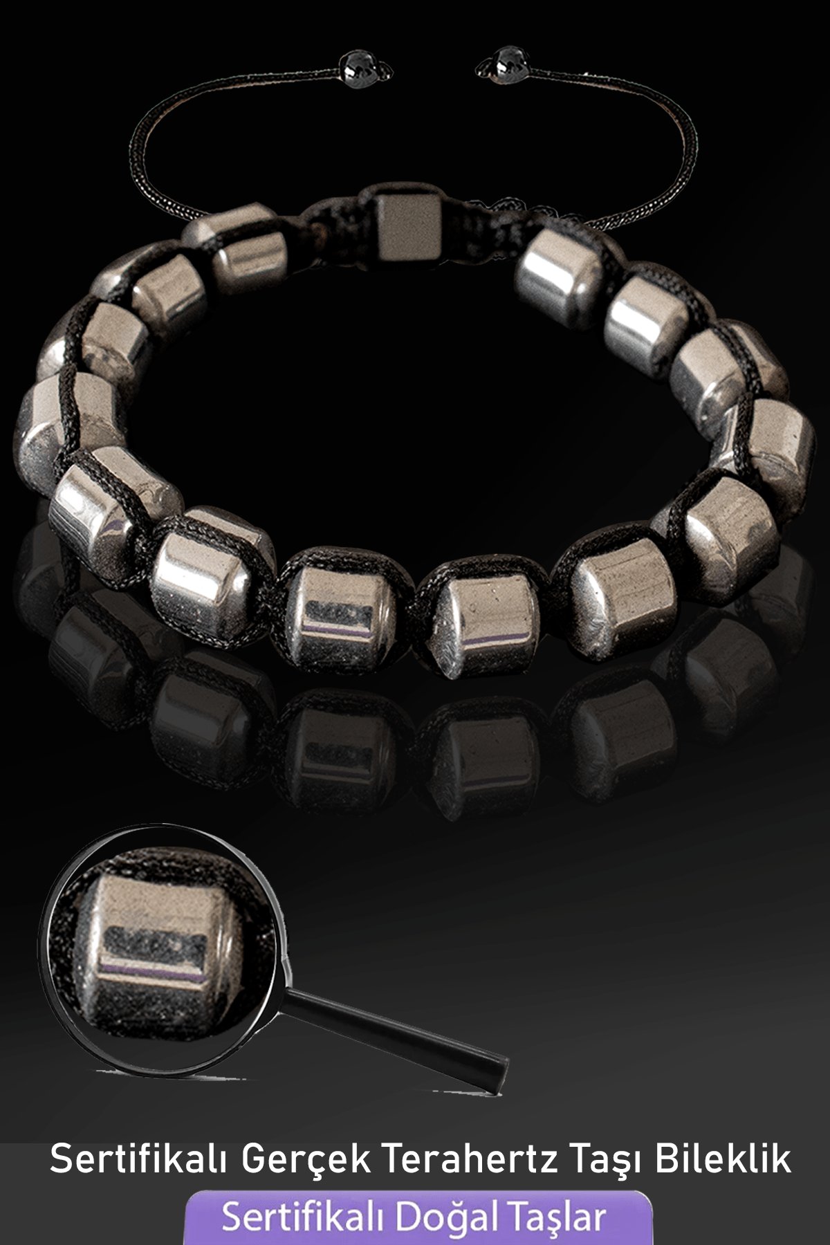 Sertifikalı Fıçı Kesim Fasetli Terahertz Taşı Bileklik - Titreşim Taşı