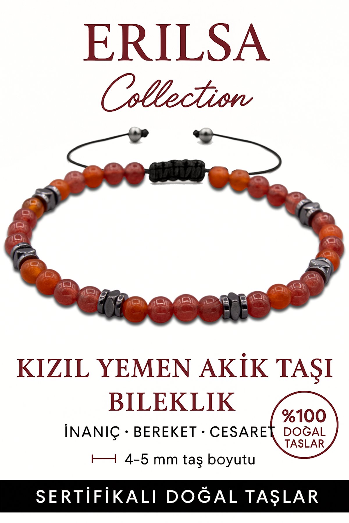 Sertifikalı Terahertz – Kızıl Yemen Akiği Taşı Bileklik (İnce Model) – Nazar Koruması, Kararlılık ve Ruhsal Dayanıklılık Taşı