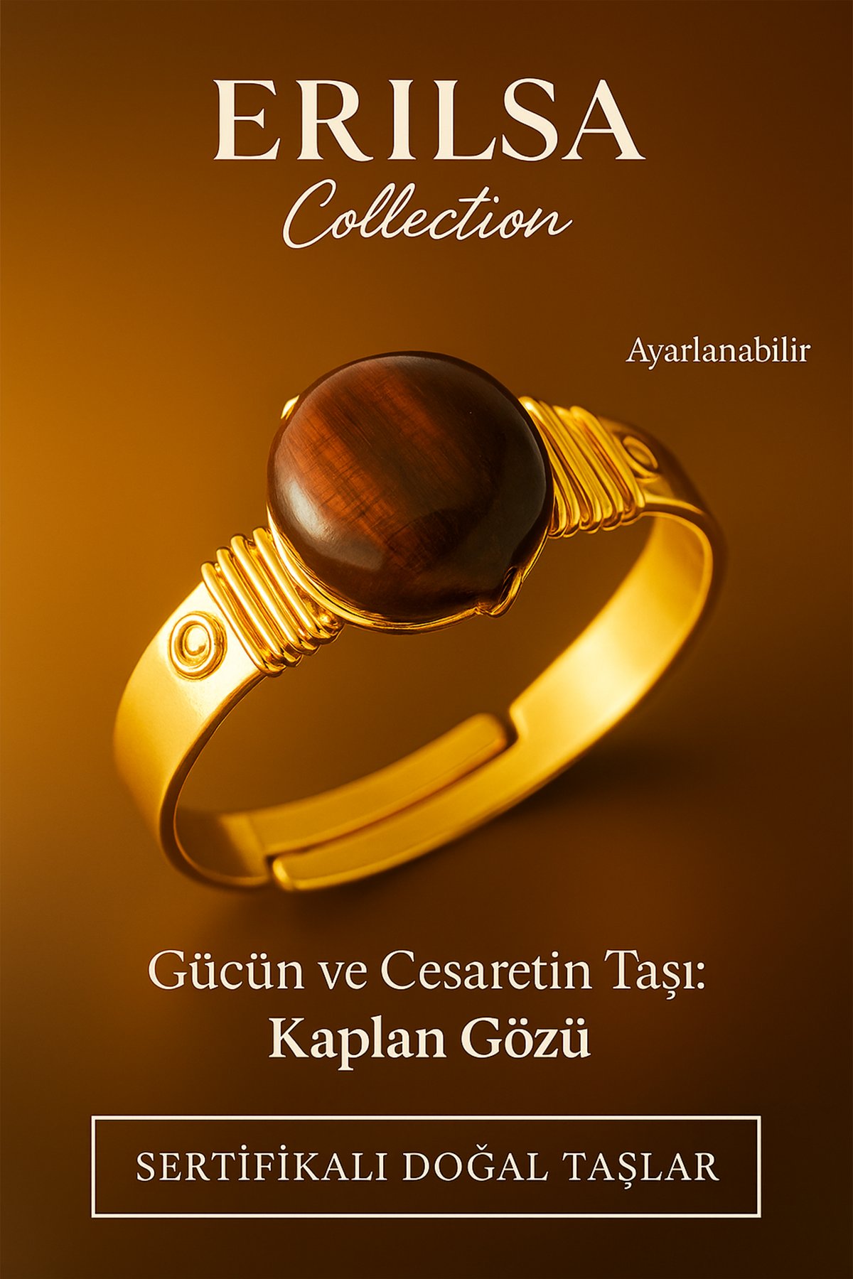 Sertifikalı Kalın Tımbıl Gold Model Kahverengi Kaplan Gözü Taşı Yüzük - Ayarlamalı