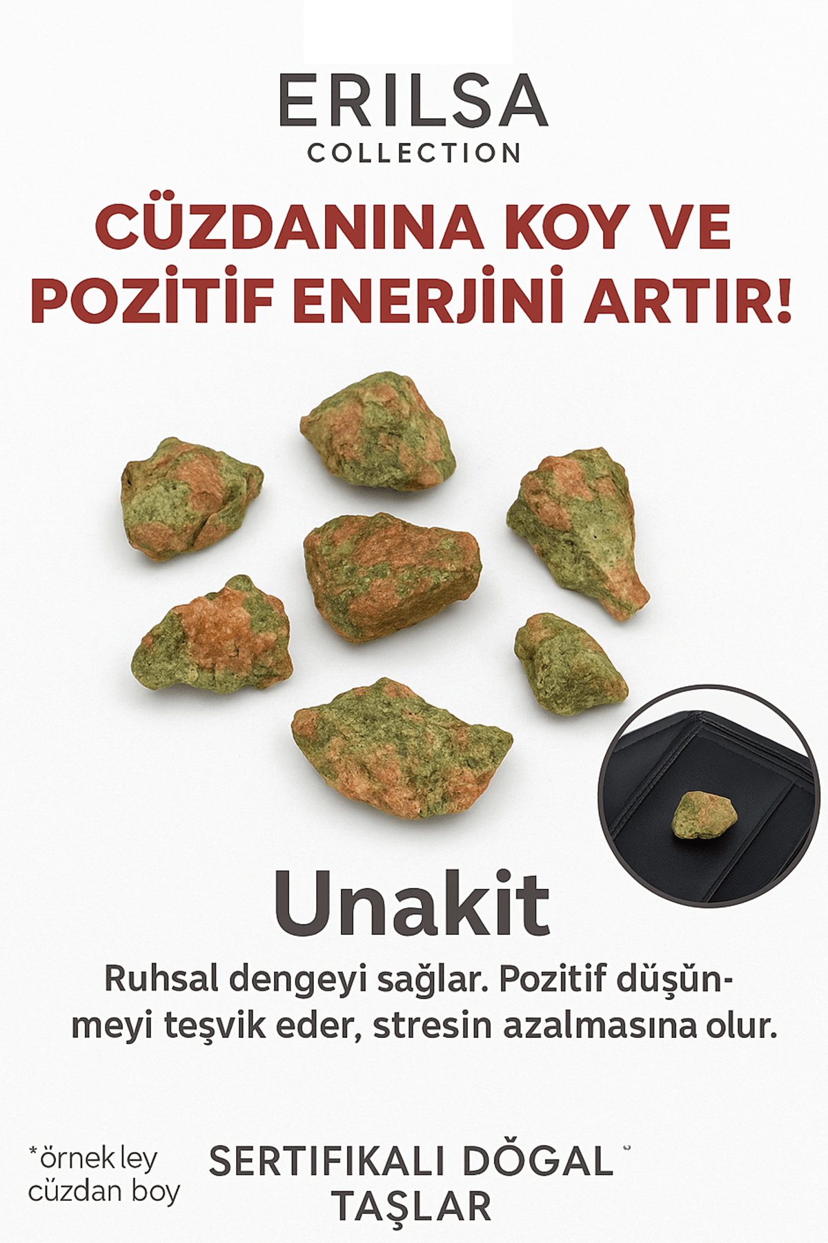 Sertifikalı Ham Cüzdan Boy Unakit Taşı Kütle - Duygusal Şifa ve Günlük Ruhsal Denge