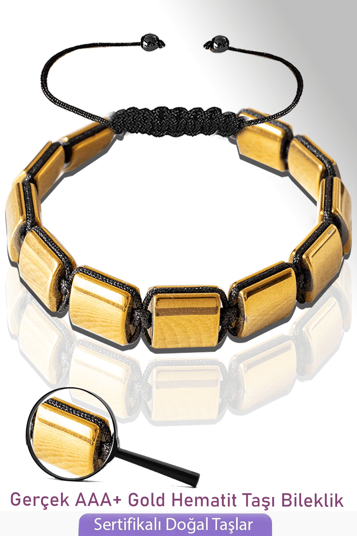 Sertifikalı Kare Model Gerçek Gold Hematit Taşı Bileklik - Ayarlamalı