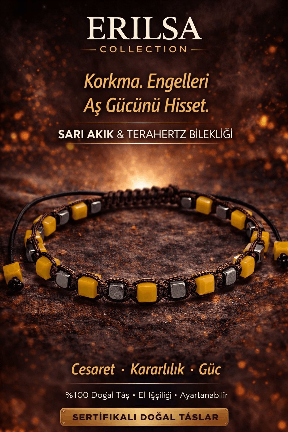 Sertifikalı Doğal Taş Sarı Akik Terahertz Bileklik - Küp Kesim Fasetli Güç Cesaret Bilekliği Unisex