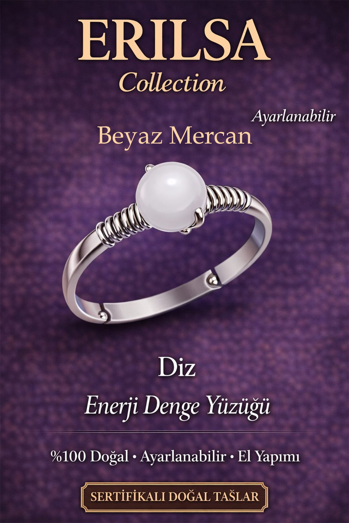 Sertifikalı Cilt Enerji Dengesizliği Yüzüğü – Ham Beyaz Mercan Taşı Ayarlamalı Terazi Boğa Balık