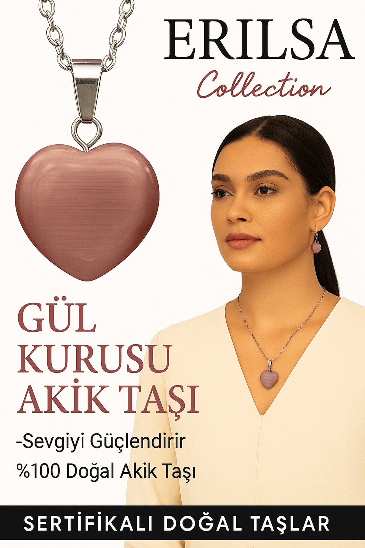Sertifikalı Kalp Model Gül Kurusu Akik Taşı Kolye – Duygusal Huzur ve İçsel Güç Kaynağı