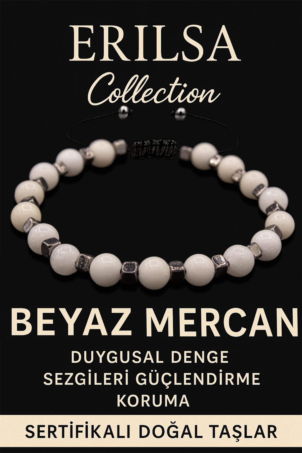 Sertifikalı 6mm Terahertz &amp; Beyaz Mercan Taşı Bileklik – Sakinlik, Saflık ve Koruma