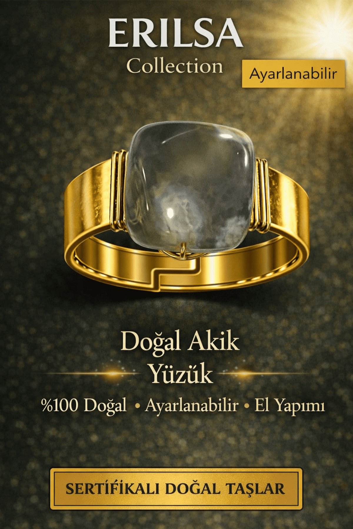 Sertifikalı Gri Akik Doğal Taş Yüzük Ayarlanabilir El Yapımı Sertifikalı Enerji Taşı