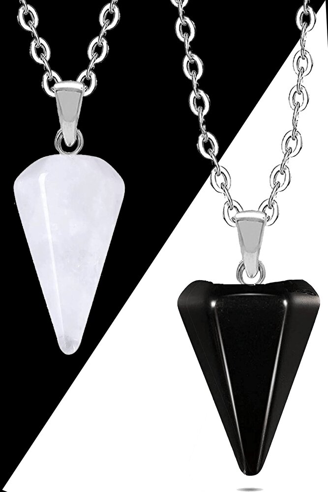 Kristal Kuvars-Obsidyen Doğal Taş Pandül Çift Sevgili Kolyeleri