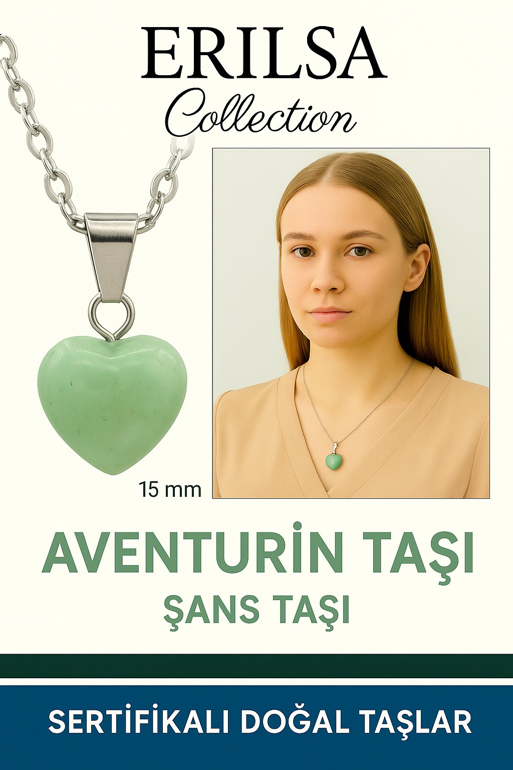 Sertifikalı Kalp Model Mini Aventurin Taşı Kolye – Şans, Huzur ve Bolluk Taşı