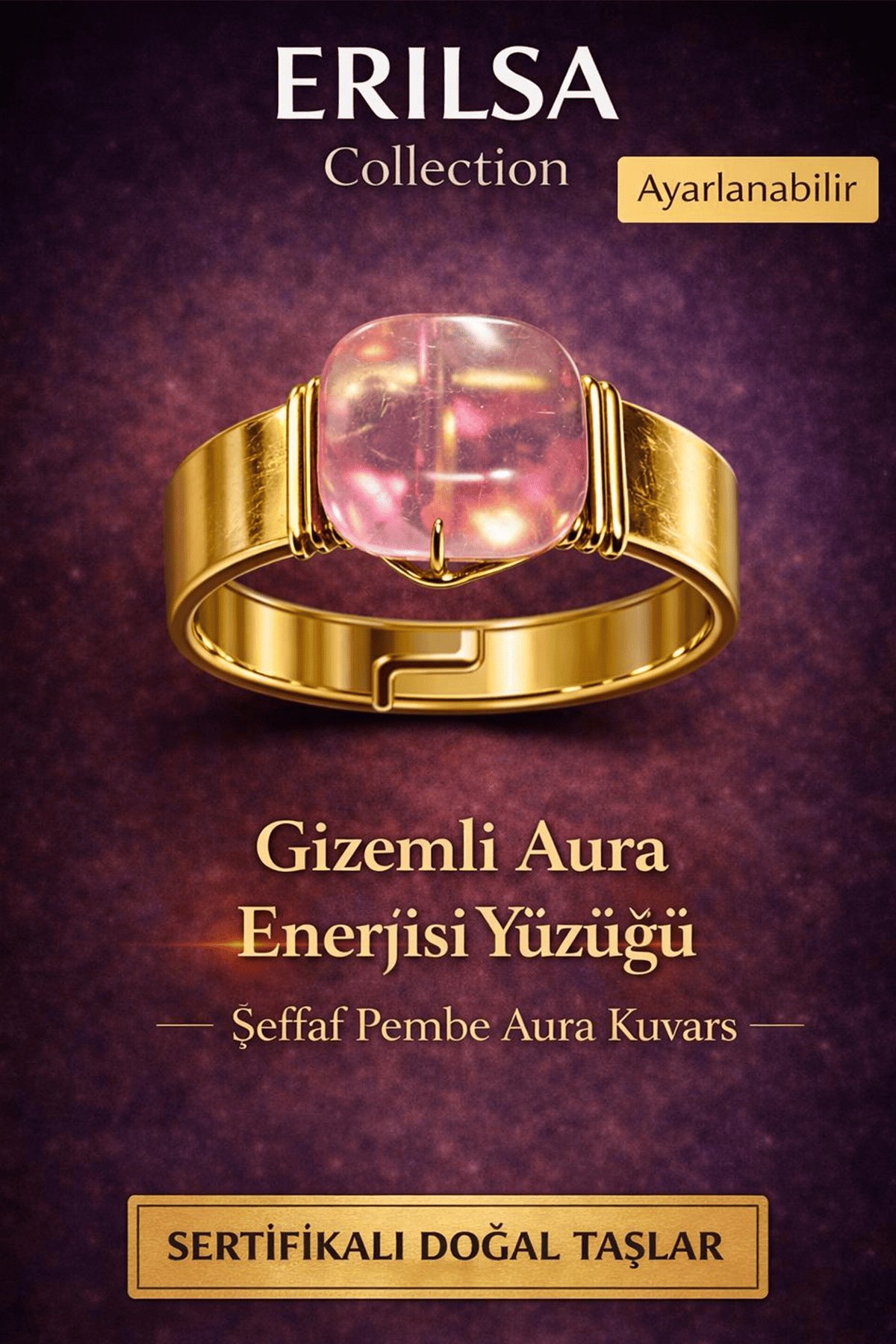 Sertifikalı Şeffaf Pembe Aura Kuvars Doğal Taş Yüzük – Gizemli Aura Enerjisi