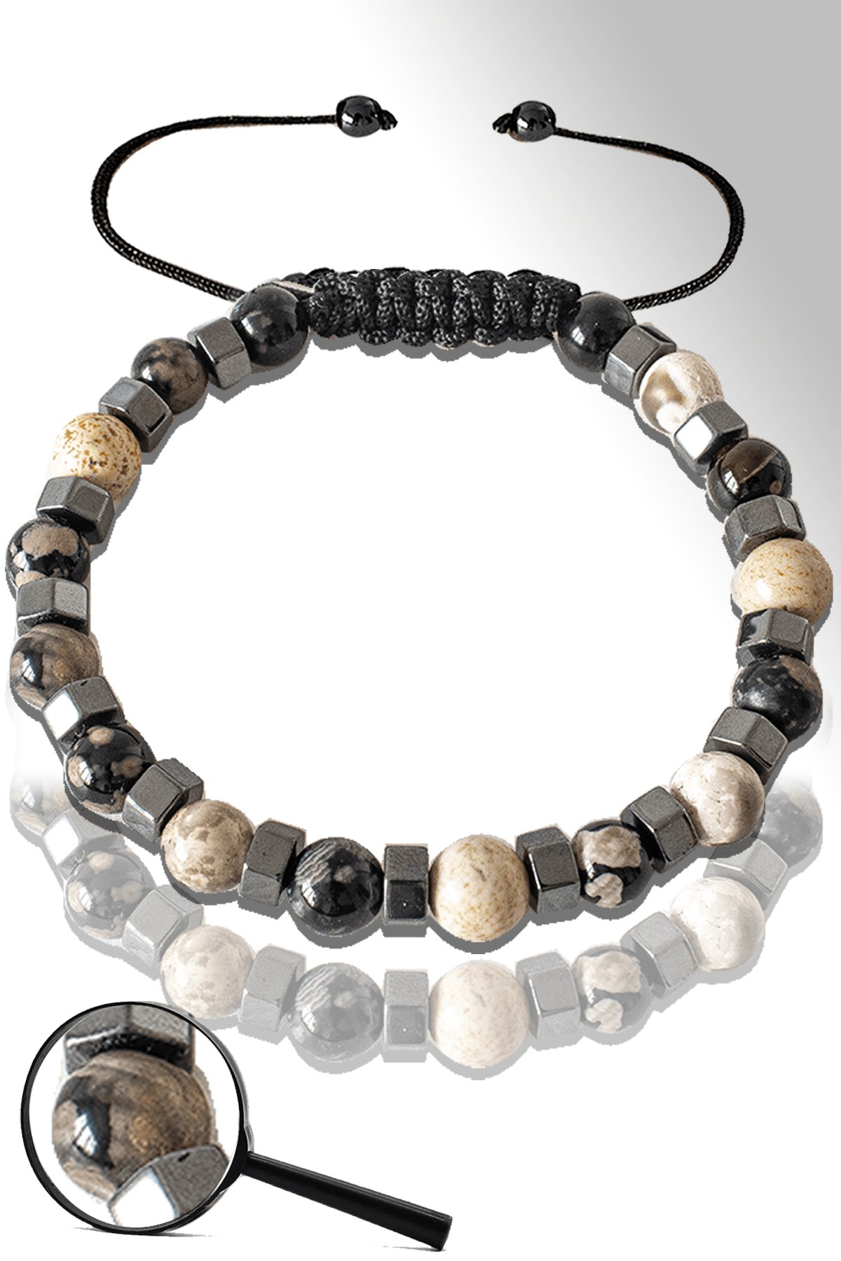 Sertifikalı Silver Hematitli 6 Mm Siyah - Beyaz Akik Taşı Bileklik - Tibet Akiği