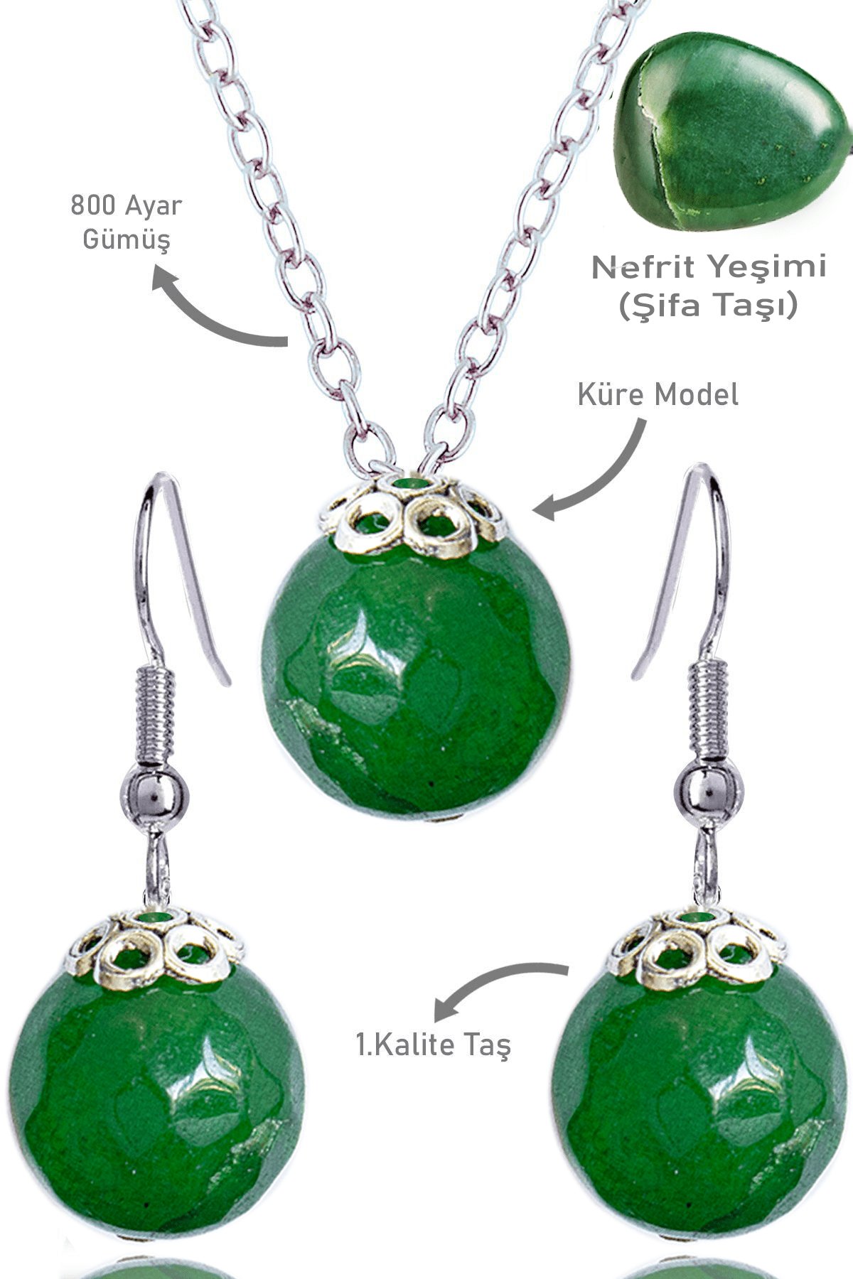 Sertifikalı Küre Model Fasetli Nefrit Yeşim Taşı Kolye ve Küpe Seti - Gümüş Aparatlı