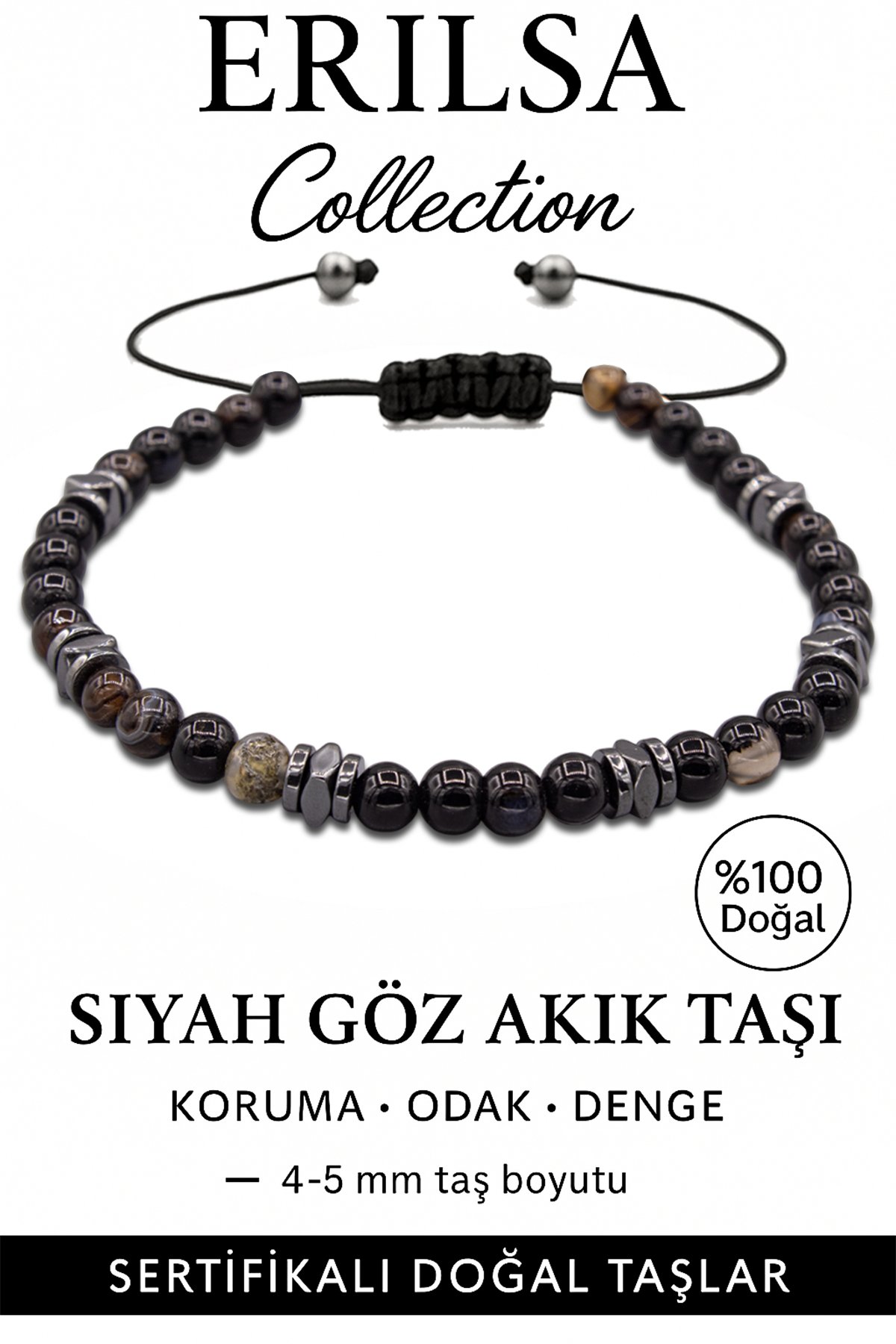 Sertifikalı Terahertz – Siyah Göz Akik Taşı Bileklik (İnce Model) – Koruma, Odak ve Ruhsal Güç Taşı