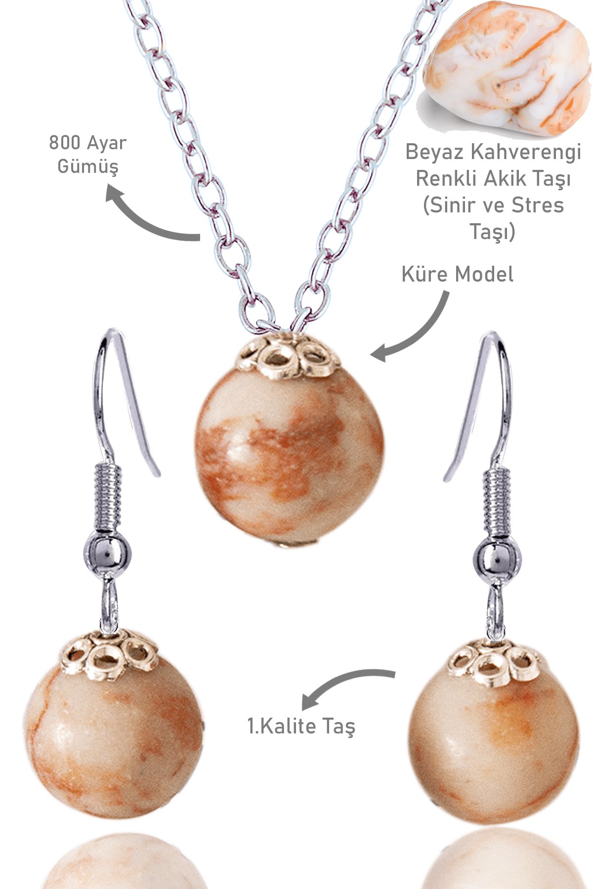 Sertifikalı Küre Model Beyaz Kahverengi Renkli Akik Taşı Kolye ve Küpe Seti - Gümüş Aparatlı