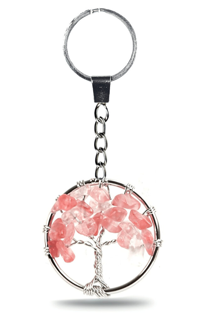 Sertifikalı Gül Kuvars Taşı Hayat Ağacı Doğal Taş Anahtarlık