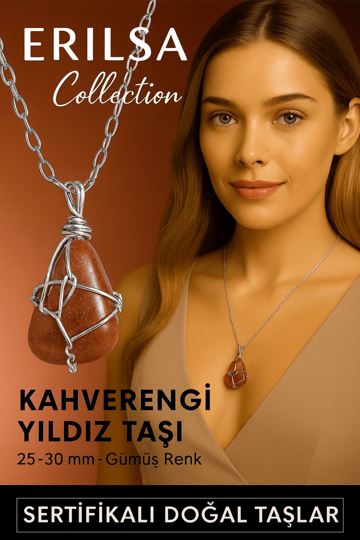 Sertifikalı Gümüş Tel Sargılı Doğal Kahverengi Yıldız Taşı Kolye – 25-30 mm Enerji ve Parıltı Taşı