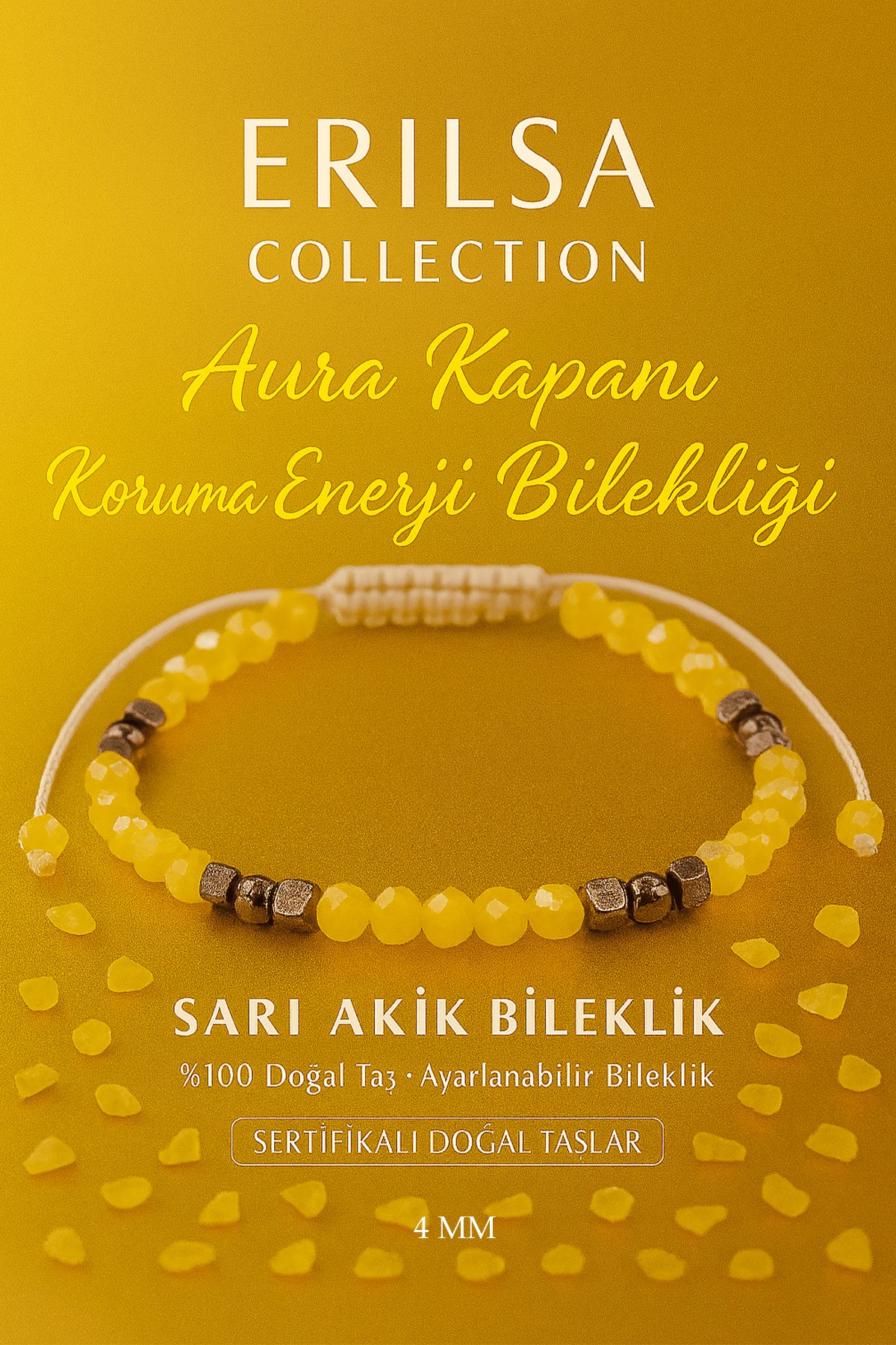 Sertifikalı Aura Kapanı Koruma Enerji Bilekliği - Sarı Akik Terahertz Doğal Taş