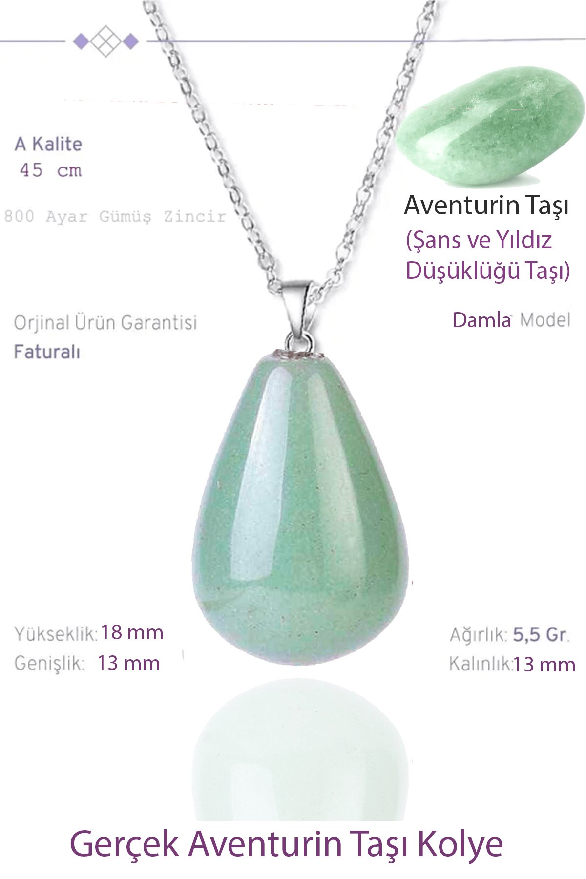 Sertifikalı Damla Model Gerçek Aventurin Taşı Kolye