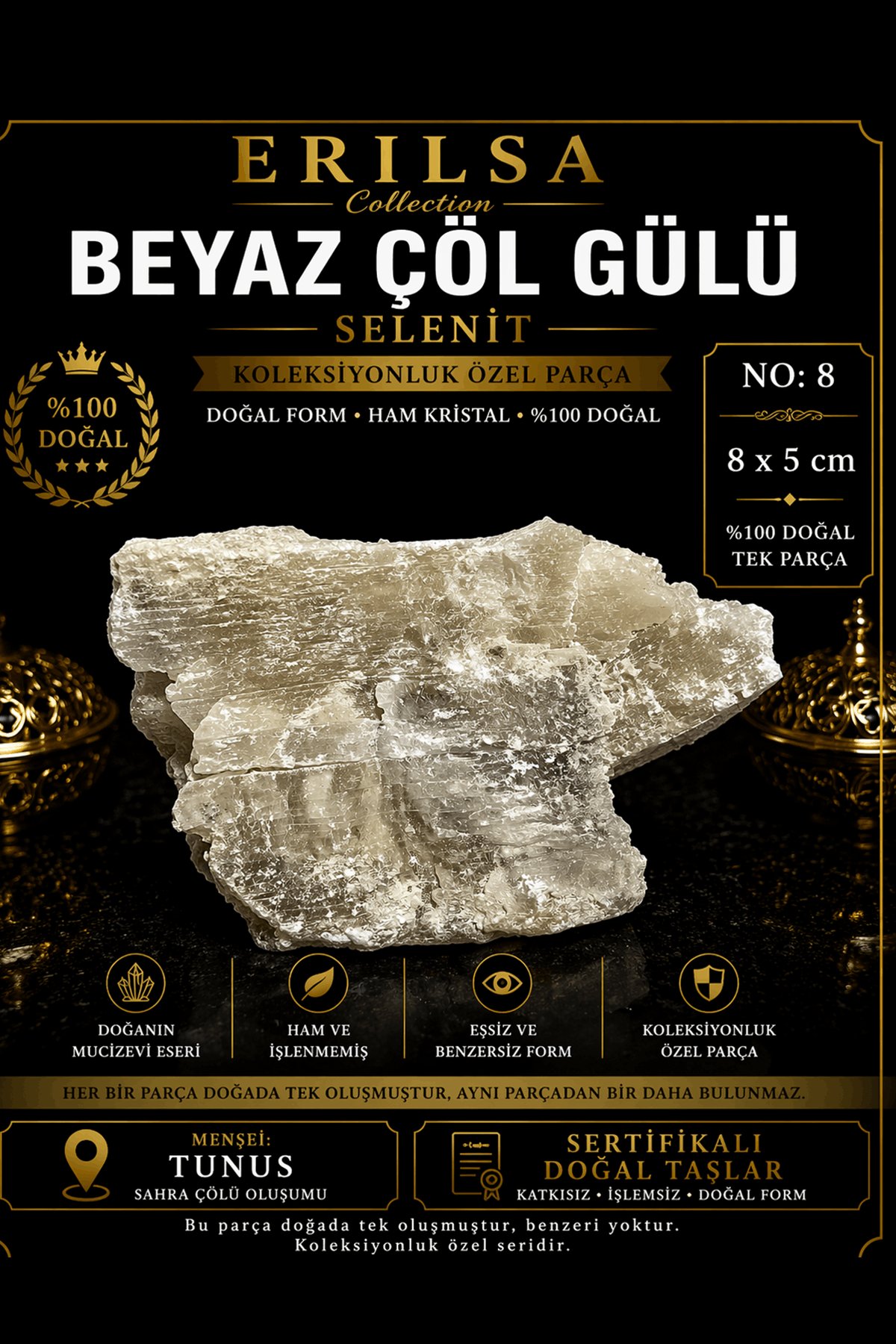 Sertifikalı Beyaz Çöl Gülü Selenit Taşı Kütle - 8x5 cm Koleksiyonluk Doğal Tek Parça