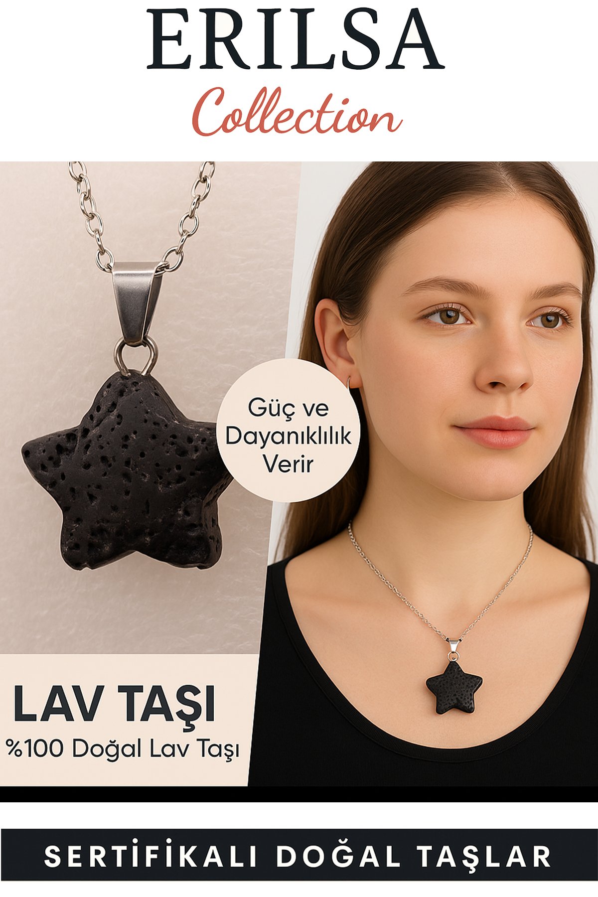 Sertifikalı Yıldız Model Lav Taşı Doğal Taş Kolye – Güç ve Dayanıklılık Taşı