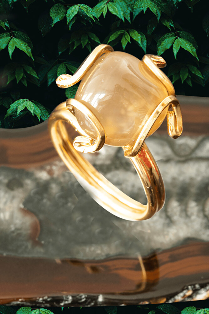 Sertifikalı Rokoko Model Altın Kaplama Kahverengi Akik Taşı Yüzük - Ayarlamalı