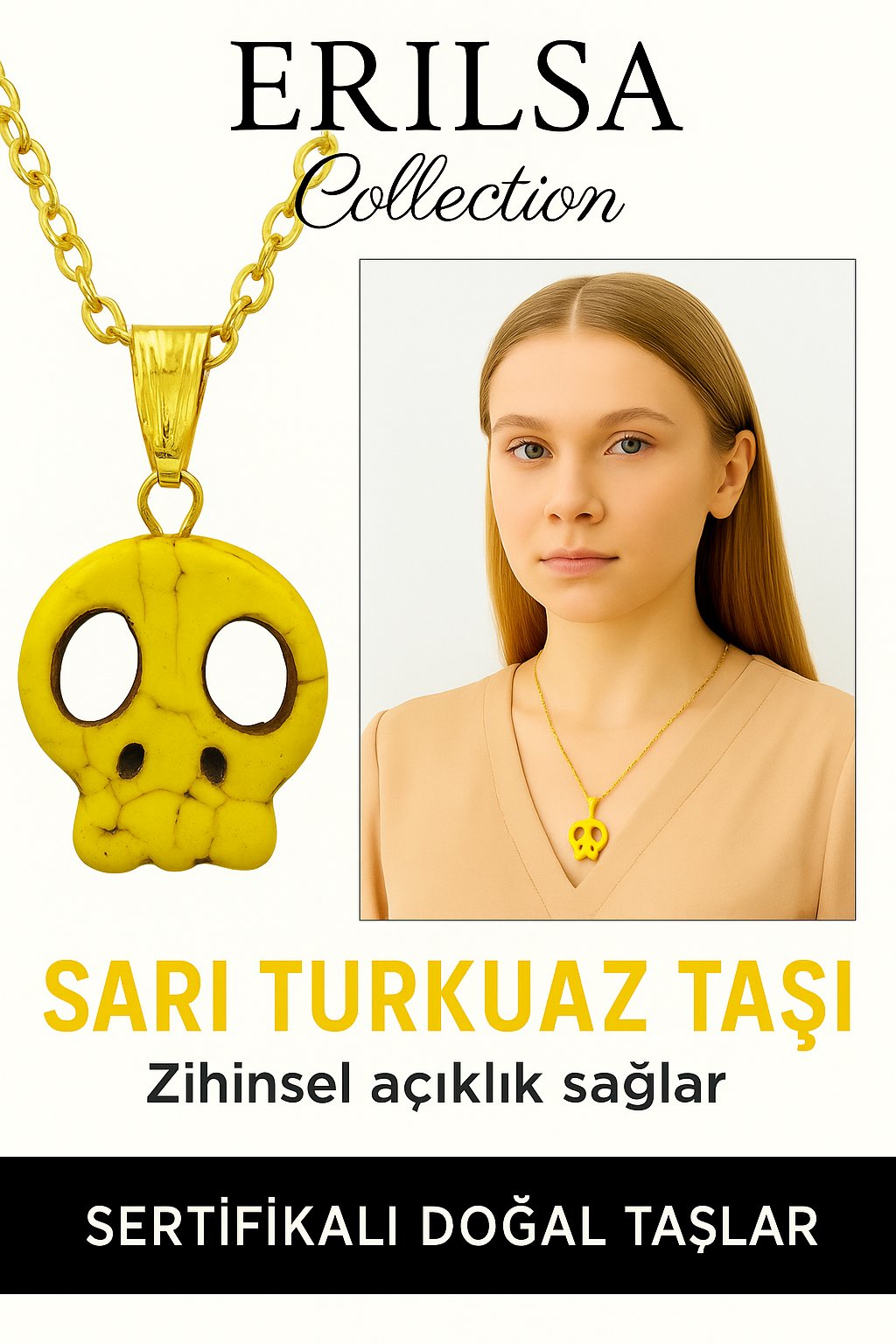 Sertifikalı Sarı Renkli İskelet Model Sarı Turkuaz Taşı Kolye – Enerji, Şans ve Dönüşüm Taşı